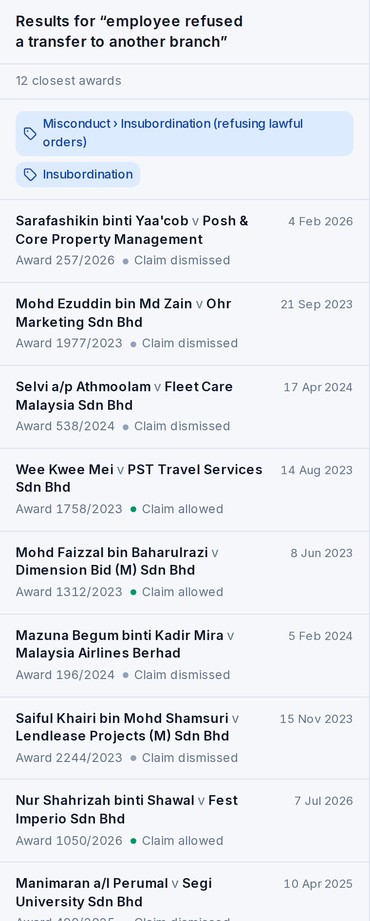 A plain-English search: a two-line answer citing awards, and the closest awards listed